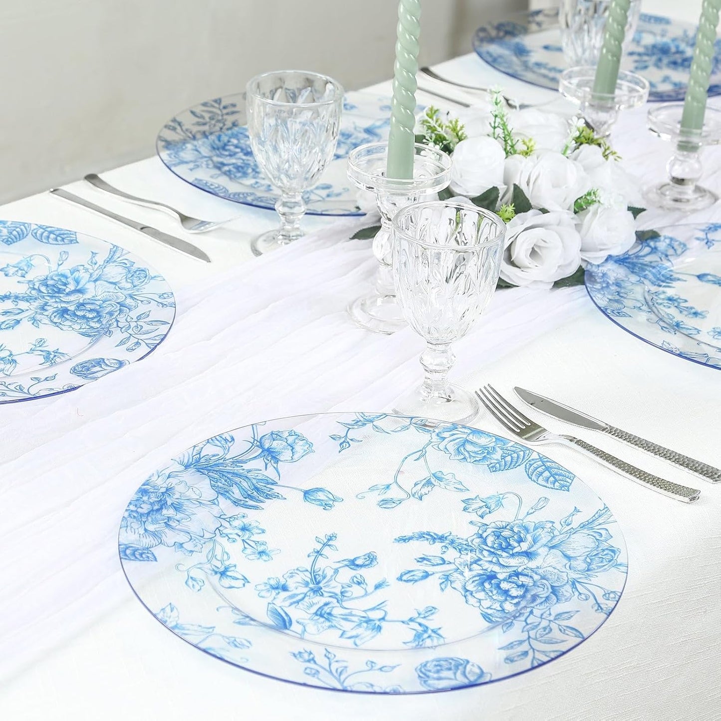 Efavormart 6 Pack Floral Acrylic Charger Plates in French Toile Pattern, Clear Light Blue Round Dinner Charger Event Tabletop Decor - 13"
