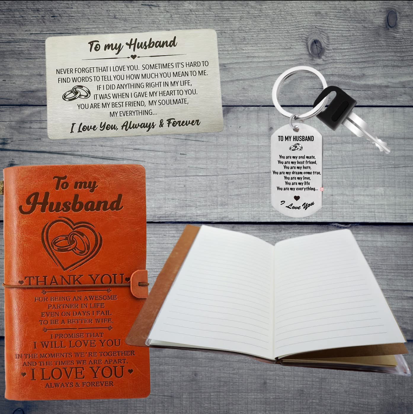 Husband Journal from Wife, Husband Wallet Card Engraved, Husband Keychain, To My Husband Leather Journal 140 Pages Writing Notebook, Gift for Husband Birthday Christmas Valentine Anniversary