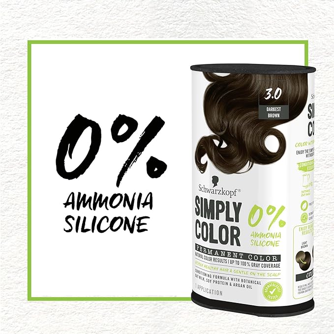 Schwarzkopf Simply Color Permanent Hair Dye, 3.0 Darkest Brown, Long-Lasting with Nourishing Ingredients, No Ammonia or Silicone, All Hair Types
