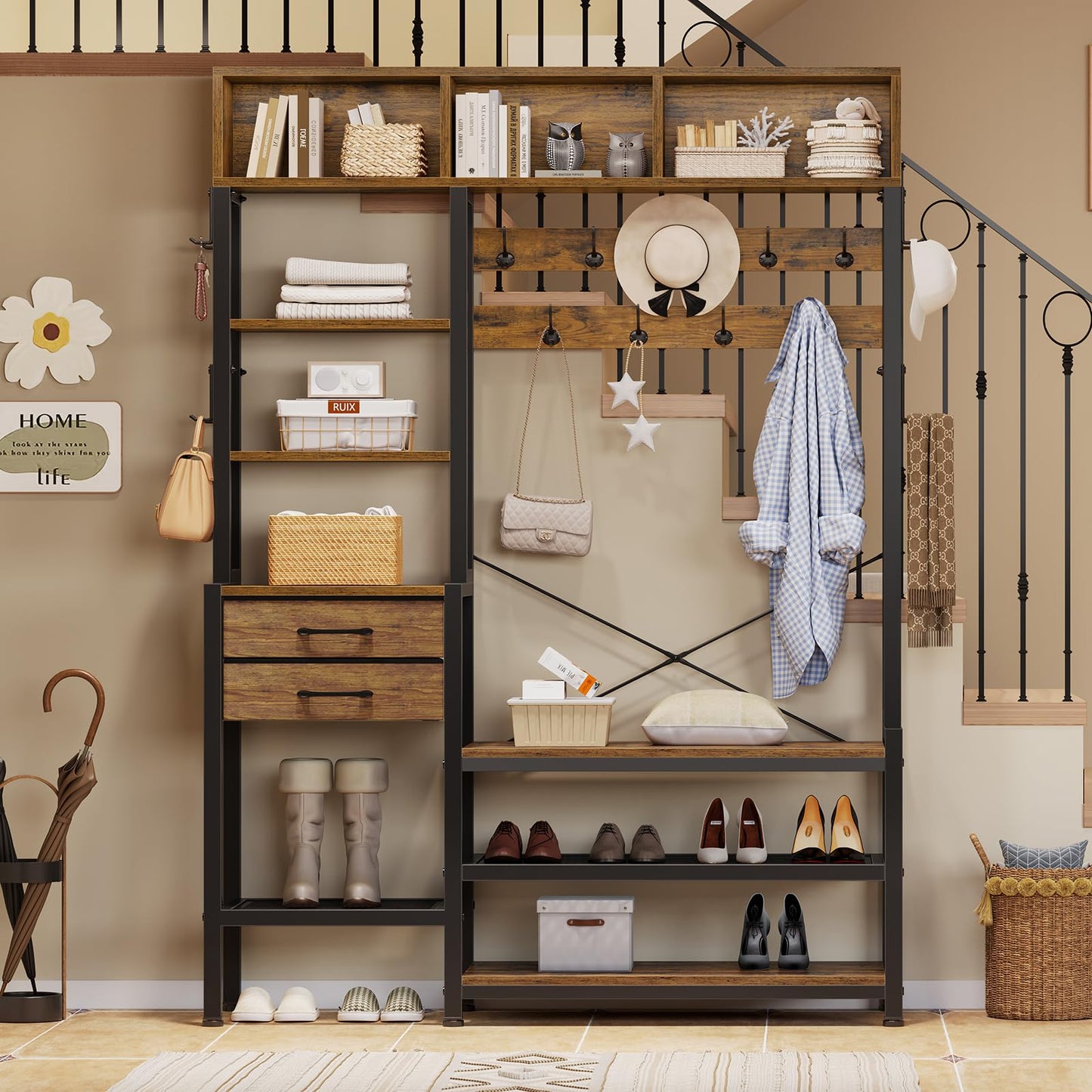 Itaar Hall Tree with Bench and Shoe Storage, 7-in-1 Entryway Bench with Coat Rack, 3 Storage Cubbies, 3 Storage Shelves, 17 Coat Hooks, 2 Fabric Drawers (Rustic Brown)