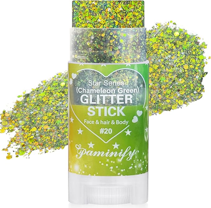 Chameleon Green Body Hair Glitter Stick,Gold Green Face Glitter Elphaba Costume Accessories,Waterproof Shimmer St Patrick's Day Outfit for Women,Mardi Gras Rave Singer Concert Makeup