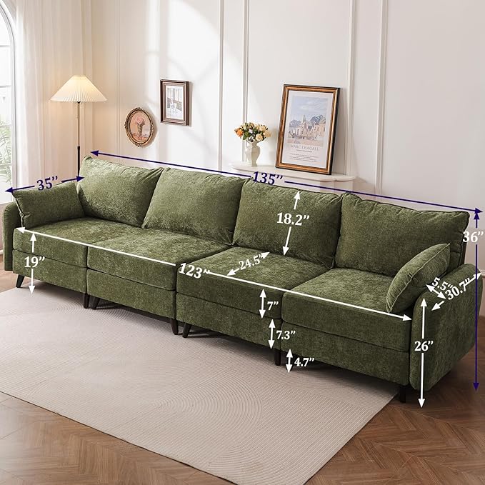 Rexulqo 135'' Modular Sectional Sofa with All Seats Storage,Oversized 4-Seater Comfy Cloud Couches with Deep Seat,Big Couch for Living Room,Bedroom,Velet,Green