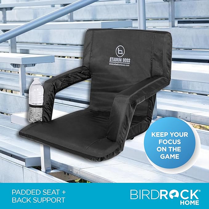 Stadium Boss Recliner Stadium Seat for Bleachers, Benches, Lawns, Backyard, Camping & Beach – Padded Sport Chair, Cushion Backs & Armrest – 6 Reclining Positions – Portable Carry Straps – Black