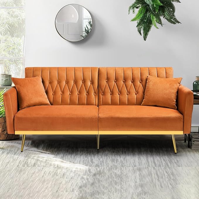 ACMEASE 70” Velvet Futon Sofa Bed w/Adjustable Armrests & 2 Pillows, Convertible Futon Couch w/Adjustable Backrests, Modern Sleeper Bed for Living Room, Bedroom, Orange