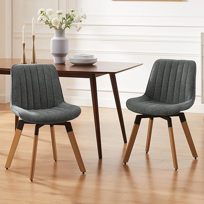 Art Leon Swivel Dining Chairs Set of 2, Mid Century Modern Dining Room Chair, Fabric Upholstered Armless Chair with Wood Legs for Kitchen Living Room Bedroom, Dark Gray