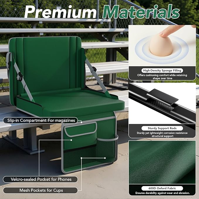 janiry Stadium Seats with Back Support 2PACKS Adjustable Bleacher Chairs with Back and Cushion Bleacher Seat with Cup Holder, Carry Handle & Shoulder Strap for Outdoor Sports Events, Picnics, Beaches