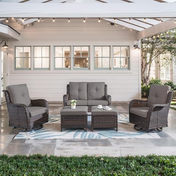 Belord 5 Piece Outdoor Patio Furniture Set - Wicker Furniture Patio Conversation Set, Outdoor Swivel Rocker Chairs with Loveseat Sofa and 2 Ottomans for Small Space, Gray Cushion