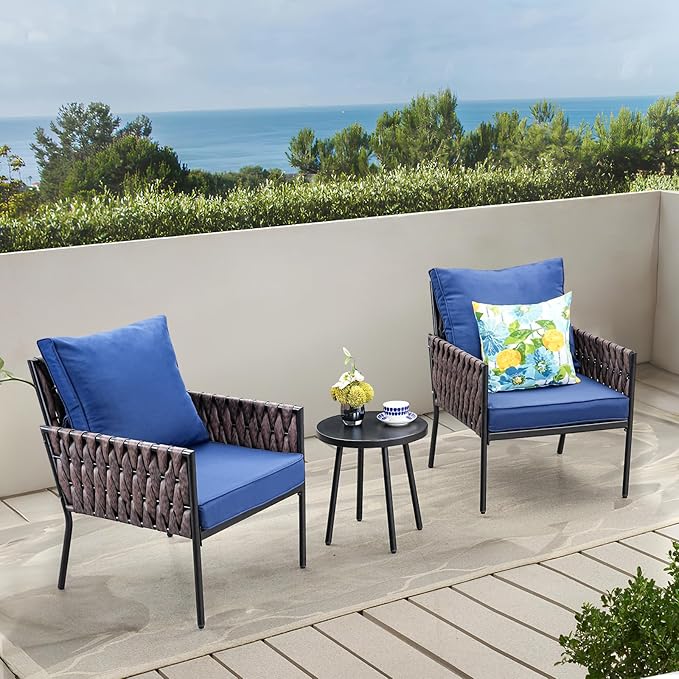 SunloungeCo Patio Furniture Set, 3-Piece Wider Outdoor Metal Seating Sofa with High Back, Coffee Ta ble, All Weather Rattan Conversation for Garden,Backyard, Poolside-Navy