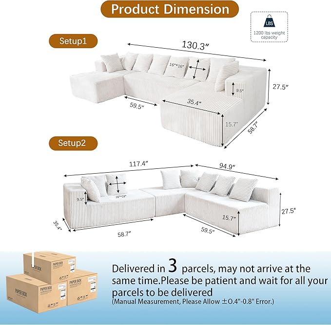SEENYOO 130" Boneless Couch, Cloud Couch Sectional, Corduroy Sofa for Living Room, U Shaped Modular Sofa with Chaise, No Assembly, 4 Seats Oversized (White)