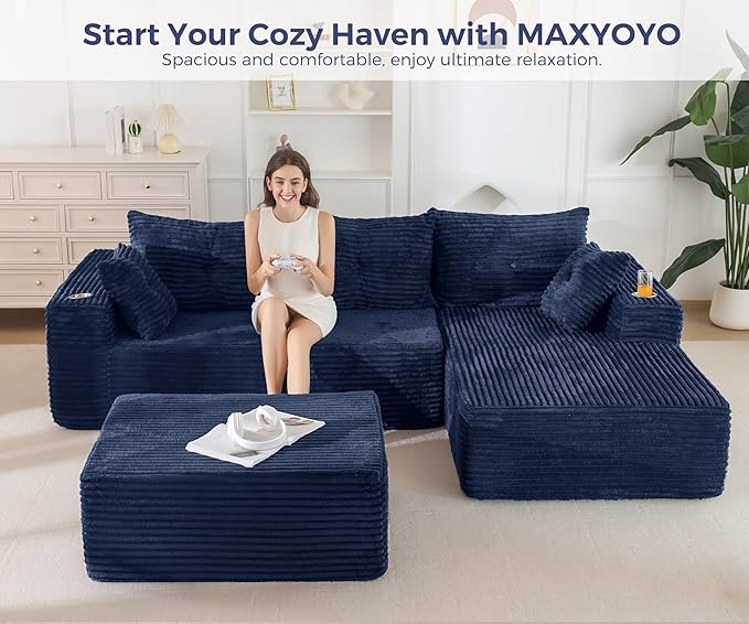 MAXYOYO 104" U-Shaped Modular Sectional Couch, Modern Boneless Couch for Living Room, Sofa in A Box, Oversized Sofa Sleeper with Deep Seat, No Assembly Required, Navy