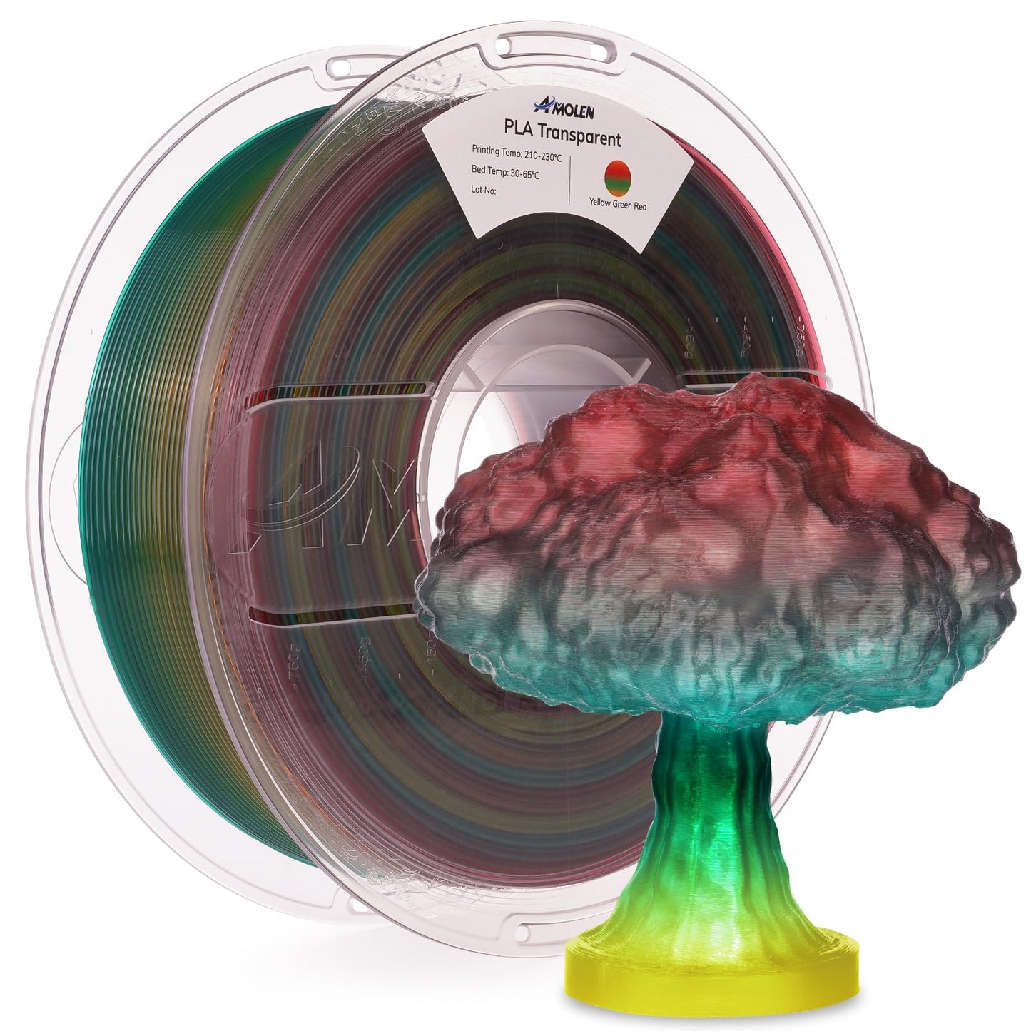 AMOLEN PLA 3D Printer Crystal PLA Filament, Clear Filament 1.75mm Transparent Red Yellow Green, with Light Transmission Feature,