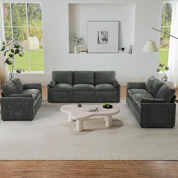 ACMEASE 3 Pieces Chenille Sofa Set w/Arm Pillows, Upholstered Loveseat & 2 Pieces 3 Seater Sofa w/Comfortable Back Cushions, Modern 2-Seat & 3-Seat w/High-Density Foam for Living Room, Grey
