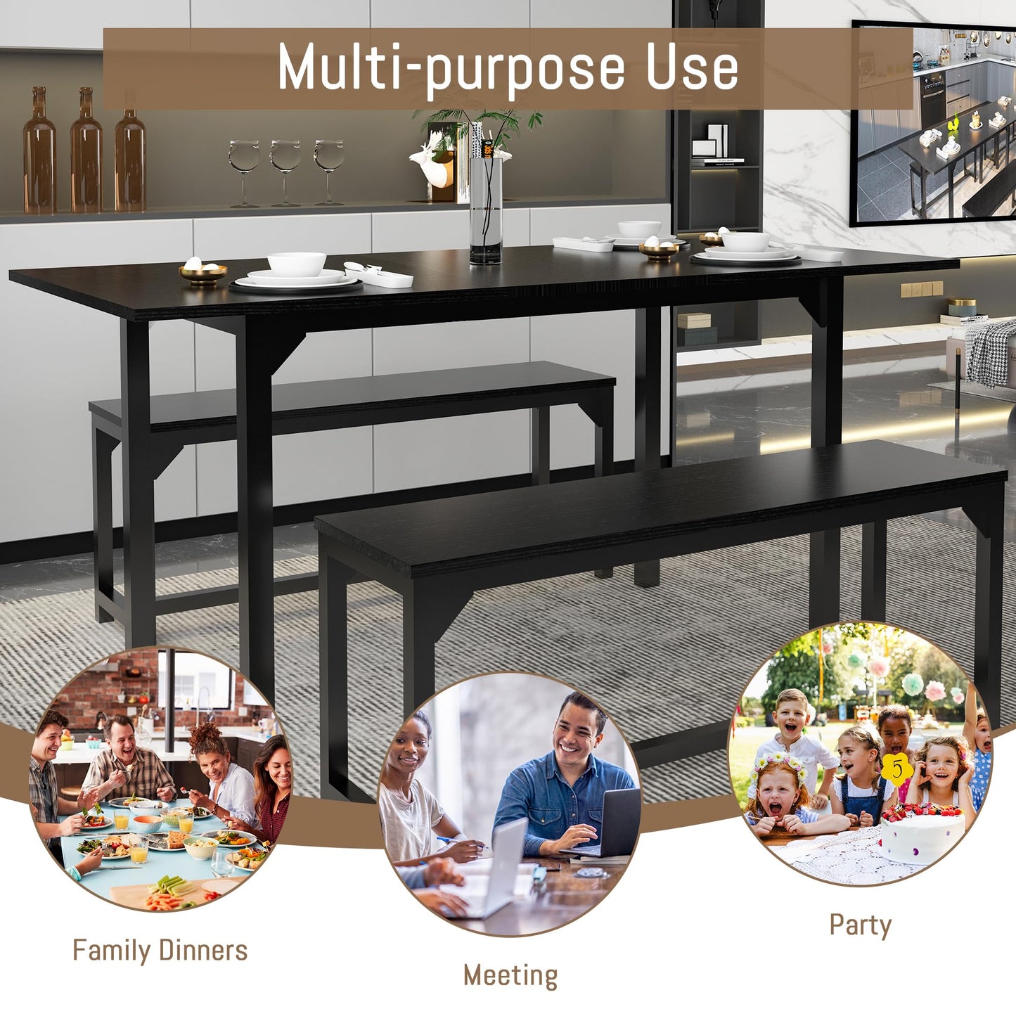 TOLEAD 63 Inch Dining Table Set for 4-8, 3-Piece Extendable Kitchen Table Set with 2 Benches, Metal Frame & Wood Board, Space-Saving Breakfast Dining Room Table Set for Home Kitchen, Black