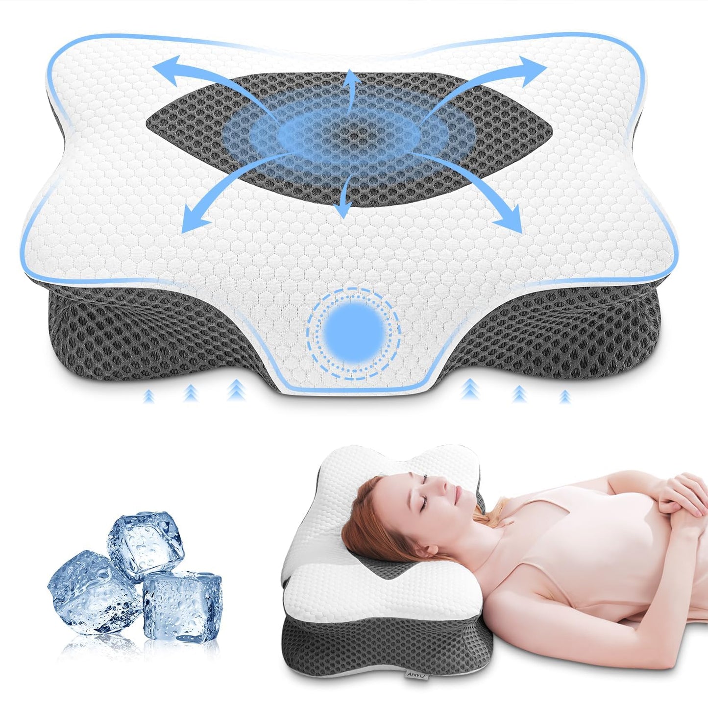 Anvo Cervical Pillow for Neck Pain Relief - Neck Pillows for Pain Relief Sleeping - Pillow for Neck and Shoulder Pain - Ergonomic Design for Side Back Stomach Sleeper-Grey Queen Firm