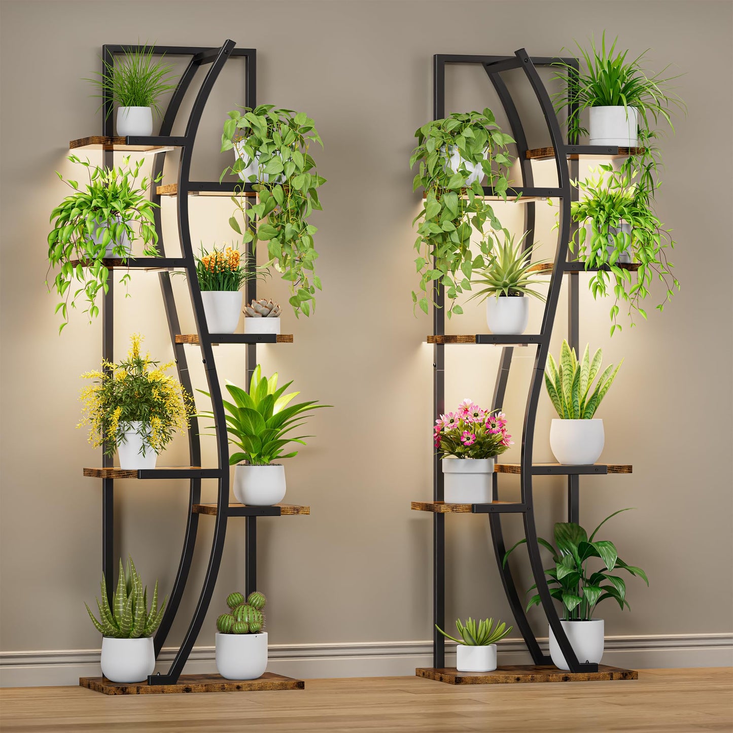 IRONCK Indoor Plant Stand with Grow Light 2 Set - 62" Tall Corner Shelf, 7 Tier S-Shape Plant Display Shelves Stylish Plant Holder for Home & Office