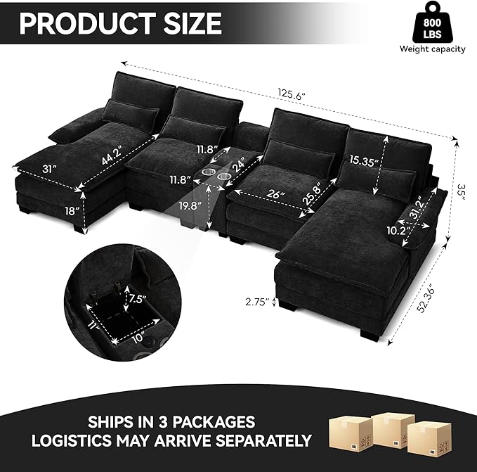 125" U Shaped Cloud Modular Sectional Couch for Living Room, Small Comfy Chenille Sofa with Double Chaise Lounge, Storage Central Console, Cup Holders, USB Port,Black