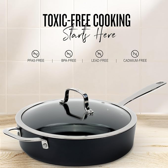Alva Maestro 4QT Ceramic Nonstick Sauté Pan with Lid – Made With No PTFE, PFOA, PFAS, Oven & Induction Safe to 400°F – Easy Clean, Deep Sauté Pan for Family Meals, Braising & One-Pot Cooking