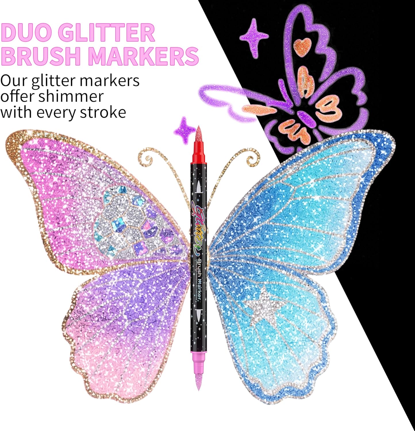 48 Colors Dual-tip Watercolor Markers, 24 Pack Glitter Brush Markers, Water-based Ink Sparkle Pen,Glitter Paint Pens for Adults Coloring,DIY Crafts,Doodle Writing,Art Crafts Gifts