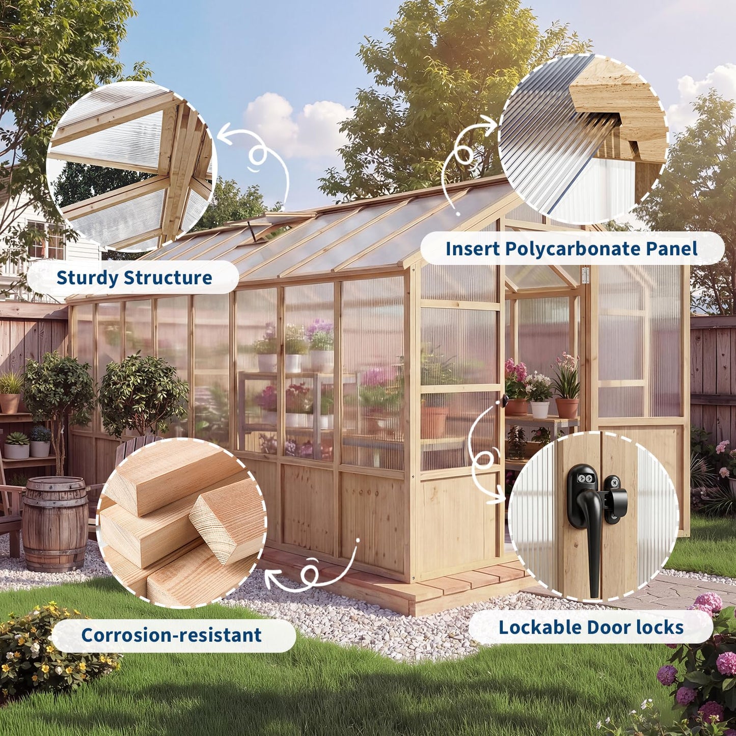 8x16FT Wooden Greenhouse for Outdoor, Walk-in Large Wood Frame Green House Greenhouse Kit with Ventilated Window Lockable Door and Polycarbonate Panels for Garden Backyard Patio Lawn Plant