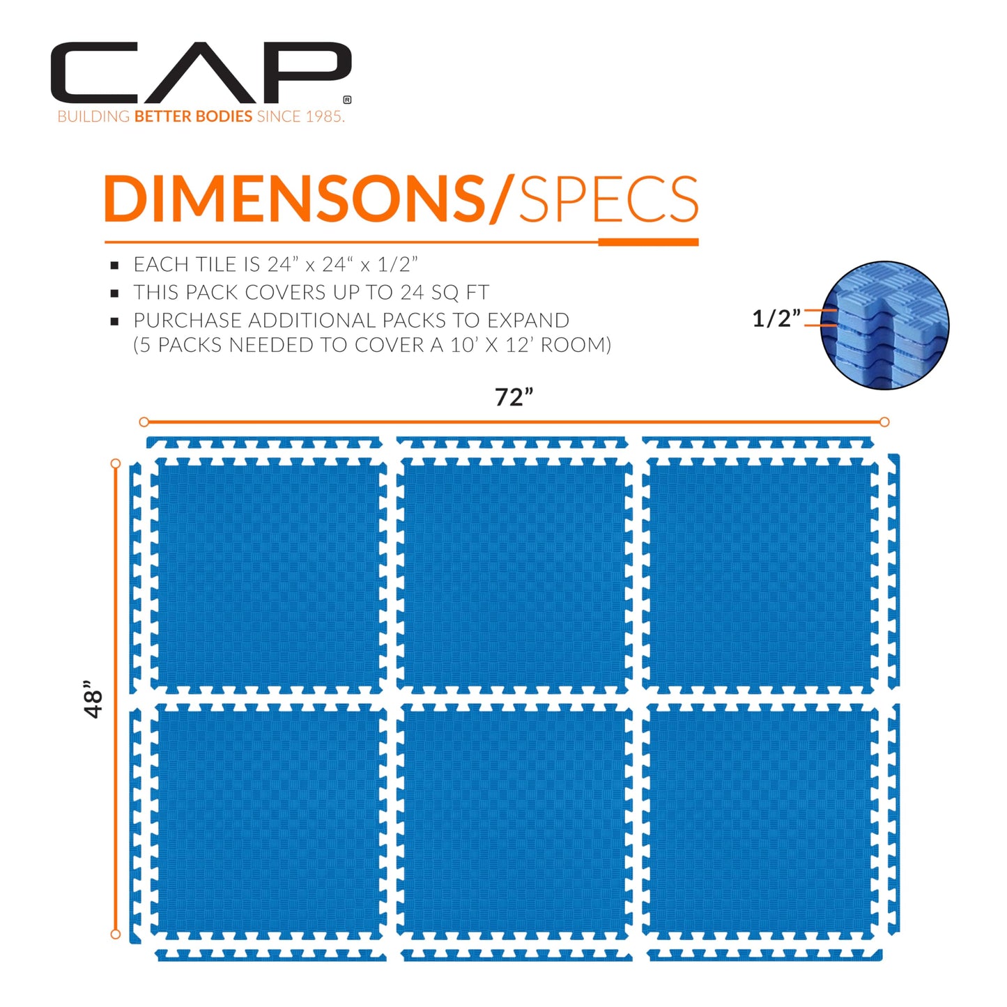CAP Barbell 1/2-Inch Interlocking EVA Foam Exercise Puzzle Mat Home Gym Flooring - 1 Pack | 24" x 24" x 1/2" | Tatami Pattern - Blue