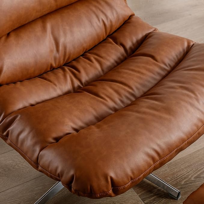 BESTANO Swivel Accent Chair with Ottoman, Mid Century Modern Faux Leather Lounge Chair with footrest, Comfy Oversized Armchair with 360 Degree Metal Base for Living Room/Bedroom, Brown