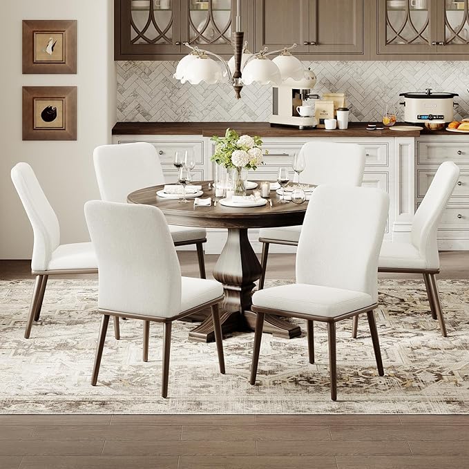 MALOL Upholstered Kitchen Chairs Set of 6, Modern Kitchen Chairs with High Back, Padded Fabric Dining Room Chair with Solid Wood Legs for Restaurant/Cafe/Home, Beige