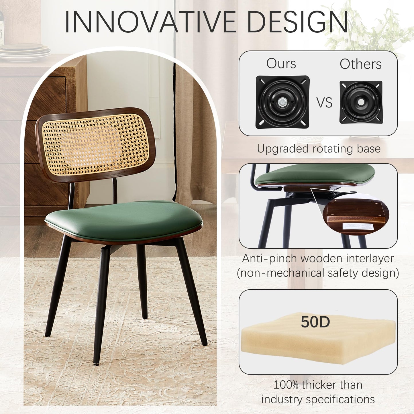 Dining Chairs, Swivel Dining Chairs Set of 2, Faux Leather & Rattan Walnut Dining Room Chairs, Bentwood & Metal Frame Upholstered Chairs with 360°Rotation, Modern Kitchen/Living Room Chairs (Green)