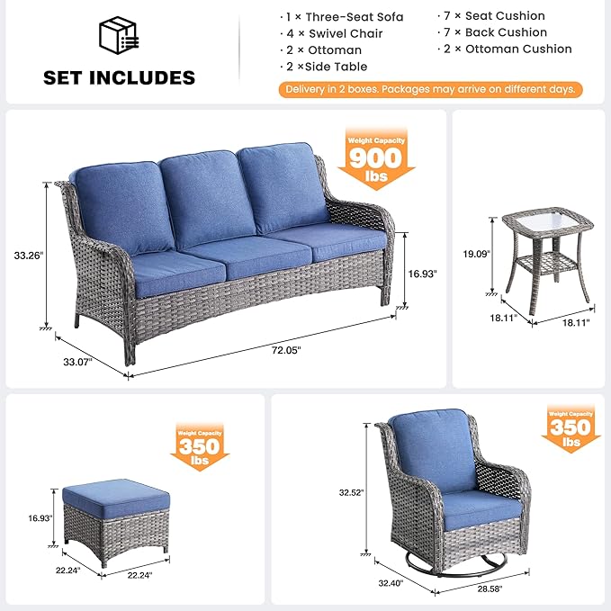 ovios 9 Pieces Patio Furniture Set, Outdoor Wicker Sofa Couch with Swivel Chairs Ottomans Comfy Cushions, High Back Modern All Weather Conversation Sets, Grey Rattan, Denim Blue