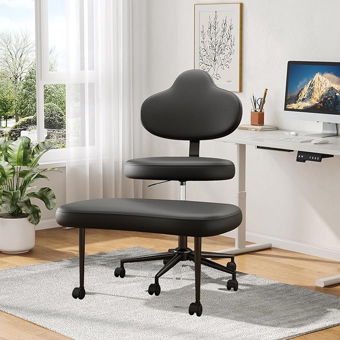 Cross Legged Office Chair with Wheels for ADHD, Ergonomic 360° Swivel Height-Adjustable Meditation Chair for Yoga, Kneeling Chair with 4 inch seat Cushion and Lumbar Support, PU Leather, Black
