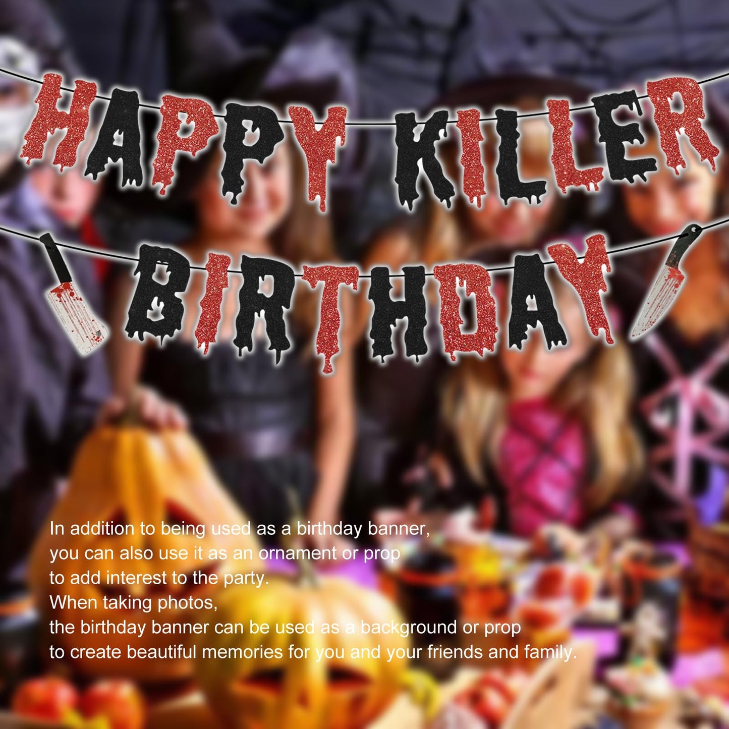 Halloween Happy Birthday Decoration,Pre-assembled Have A Killer Birthday Banner Glittery Red and Black Decor for Horror Spooky Themed Birthday Party