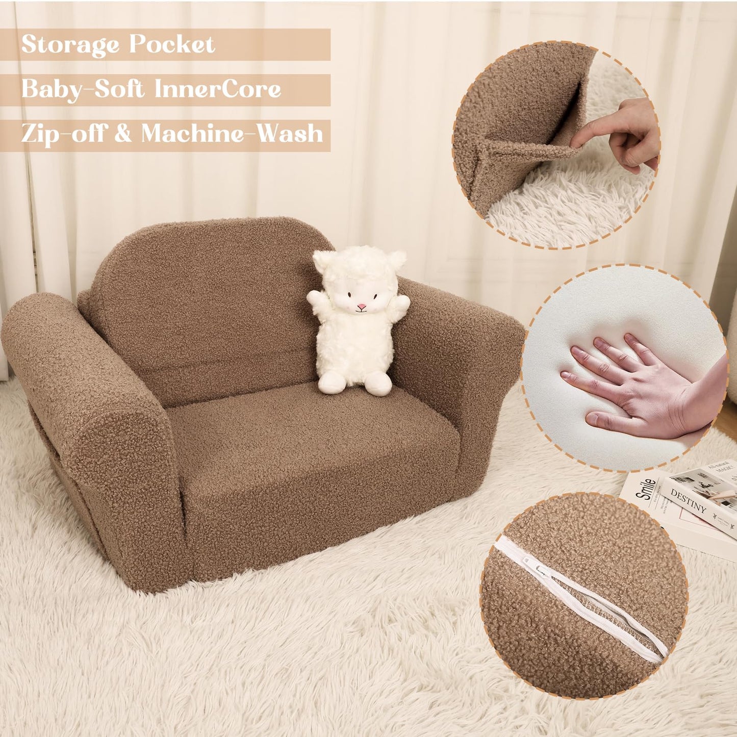 Hrebr Chairs for Toddler, 2-in-1 Toddler Soft Teddy Baby Couch Fold Out, Convertible Chair to Lounger for Girls and Boys|Safety Certified | Gift for Children