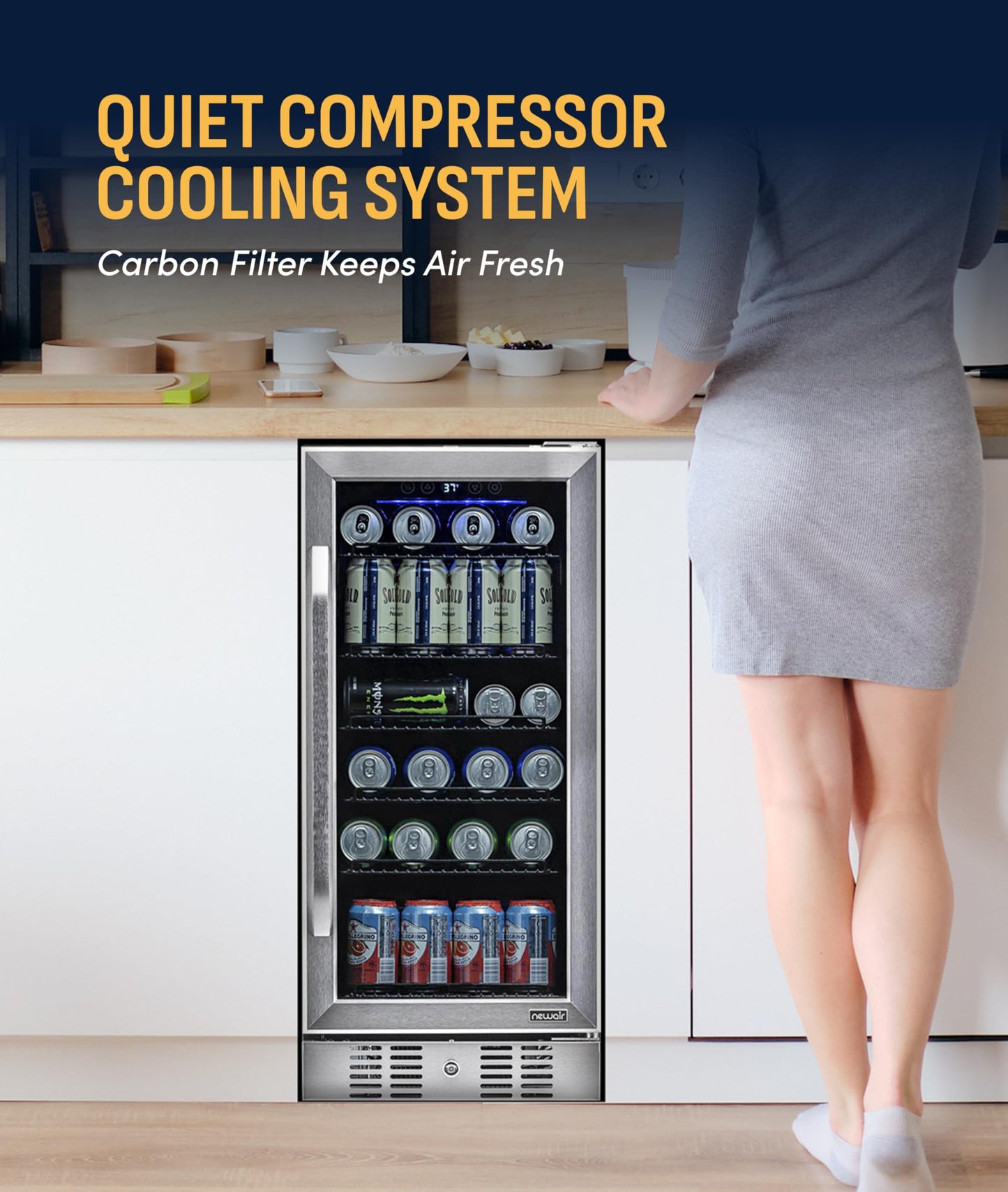 NewAir 96 Can Built-In Beverage Refrigerator | 15” Small Mini Fridge for Bedroom, Home Bar or Office | Quiet Cooling & Precise Temperature Control | Stainless Steel