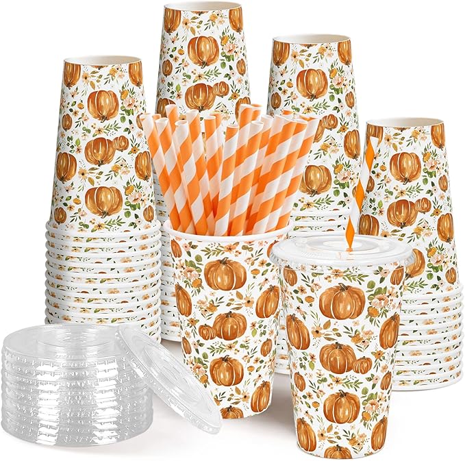 FYSUIMU 50 Set Fall Thanksgiving Disposable Coffee Cup with Lids and Straws 16Oz Rustic Watercolor Pumpkin Floral Paper Dr...