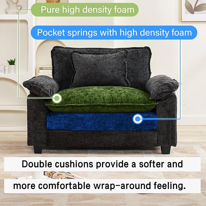 Oprisen Modular Sectional Sofa, Comfy Cloud Couch Sectional Sofa, Chenille Sofa Sleeper Deep Seat Sofa with Throw Pillows for Living Room (Black, 53"- Single Seat)