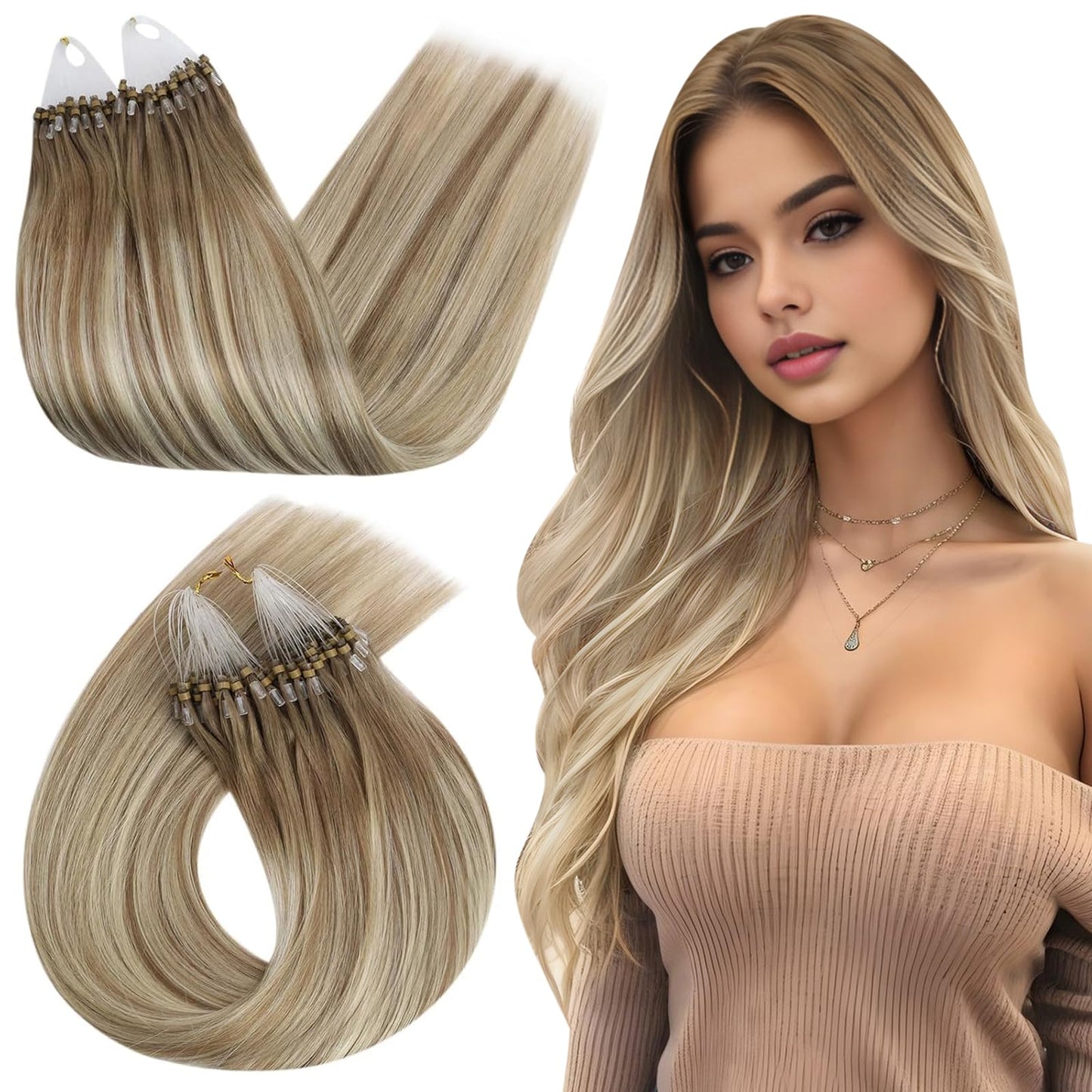 Ugeat Micro Link Hair Extensions Balayage for Thicker Ombre Light Brown Micro Beads Hair Extensions Real Human Hair Platinum Blo