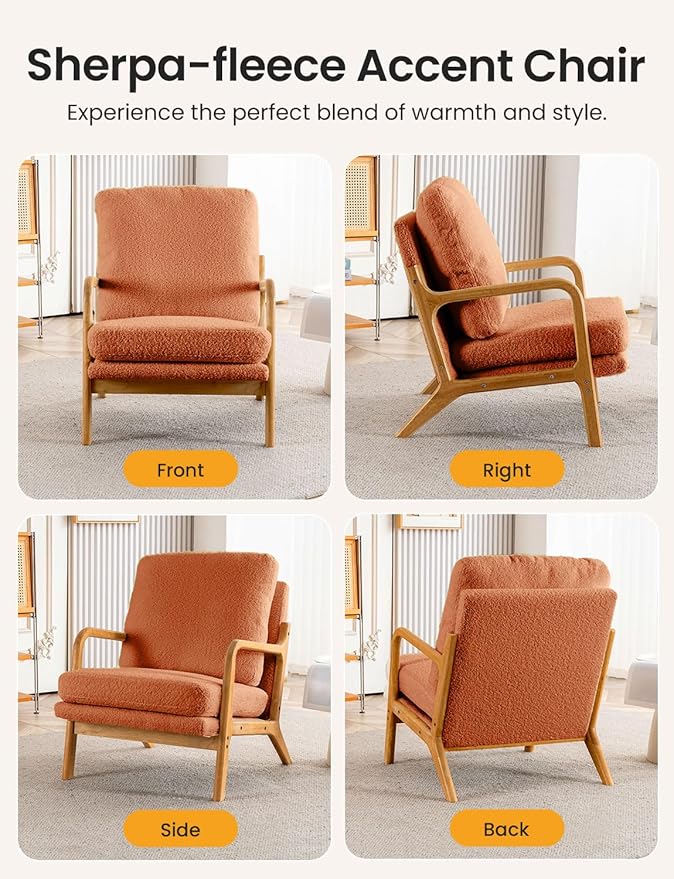 Mid Century Modern Accent Chairs for Living Room, 23” Wide Comfy Chair for Bedroom, Small Cozy Sherpa Reading Chairs for Adults, 108° Lounge Arm Chair Indoor with Detachable Cover, 5.5" Foam Cushion
