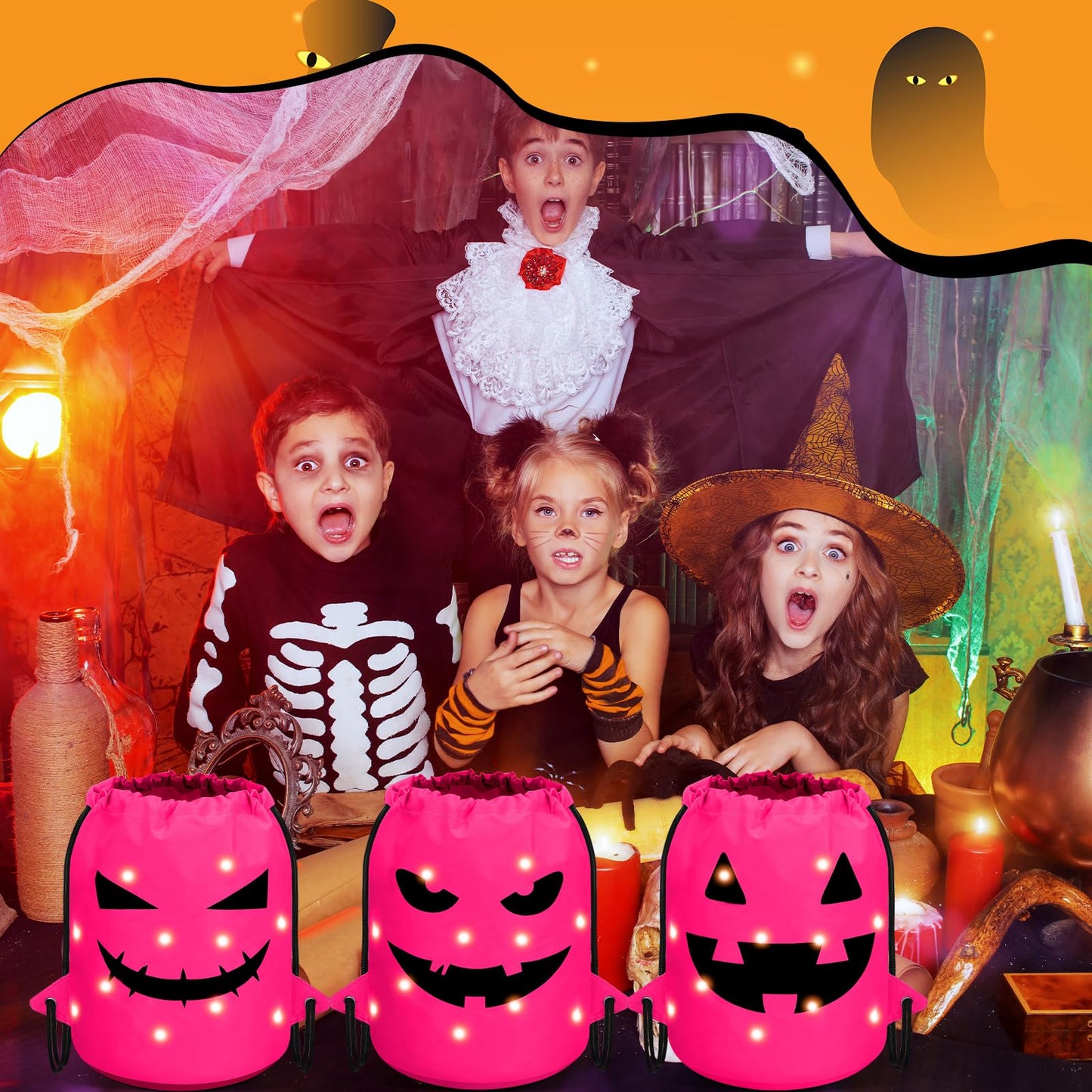 Talltalk 3 Pcs Halloween Light up Bucket LED Treat Drawstring Bags Multipurpose Reusable Pumpkin Candy Goodies Bucket for Kids Halloween Supplies Favors(Pink)