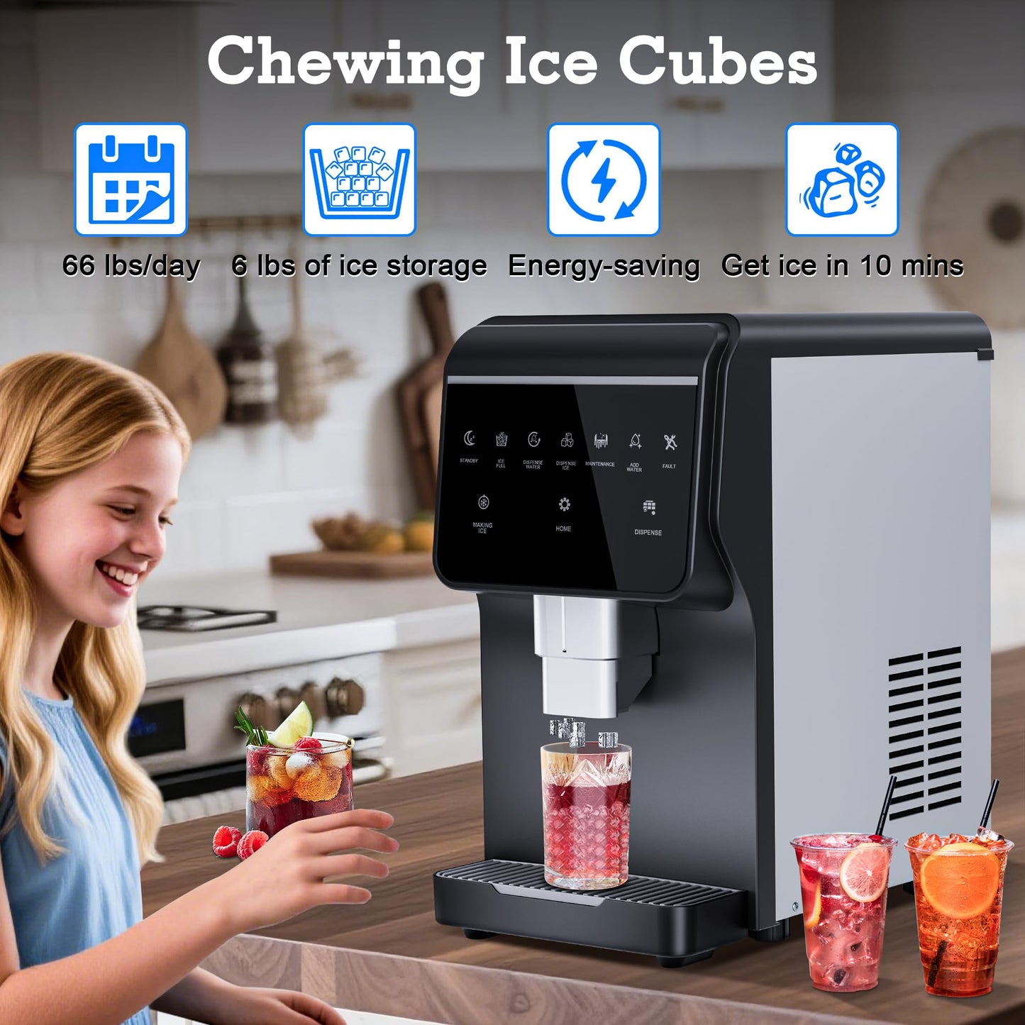 Nugget Ice Maker 66Lbs/24H Chewable Pellet Ice Machine, Built-in 6lbs Ice Storage, Self-Cleaning Function,Stainless Steels Ice Machine for Home,Office,Party,RV