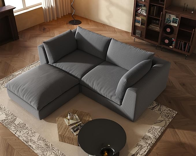 Fajiani Oversized Modular Sectional Sofa, Cloud Couch Deep Seat Sofa Cushion Covers Removable, Oversized Sectional Couches for Living Room (Loveseat+1 Ottoman-Black Gray)