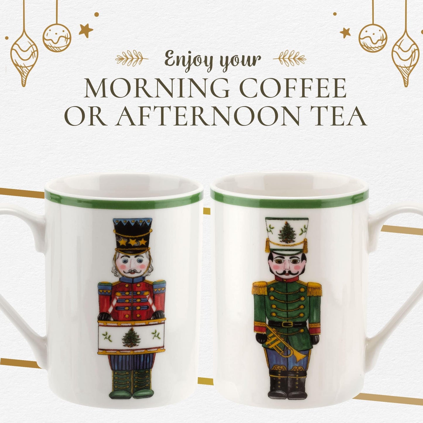 Spode Christmas Tree Nutcracker 10oz Mug & 8" Tray Set (3-Piece Set) - Festive Porcelain Mugs with Melamine Tray, Dishwasher & Microwave Safe - Holiday Gatherings & Entertaining