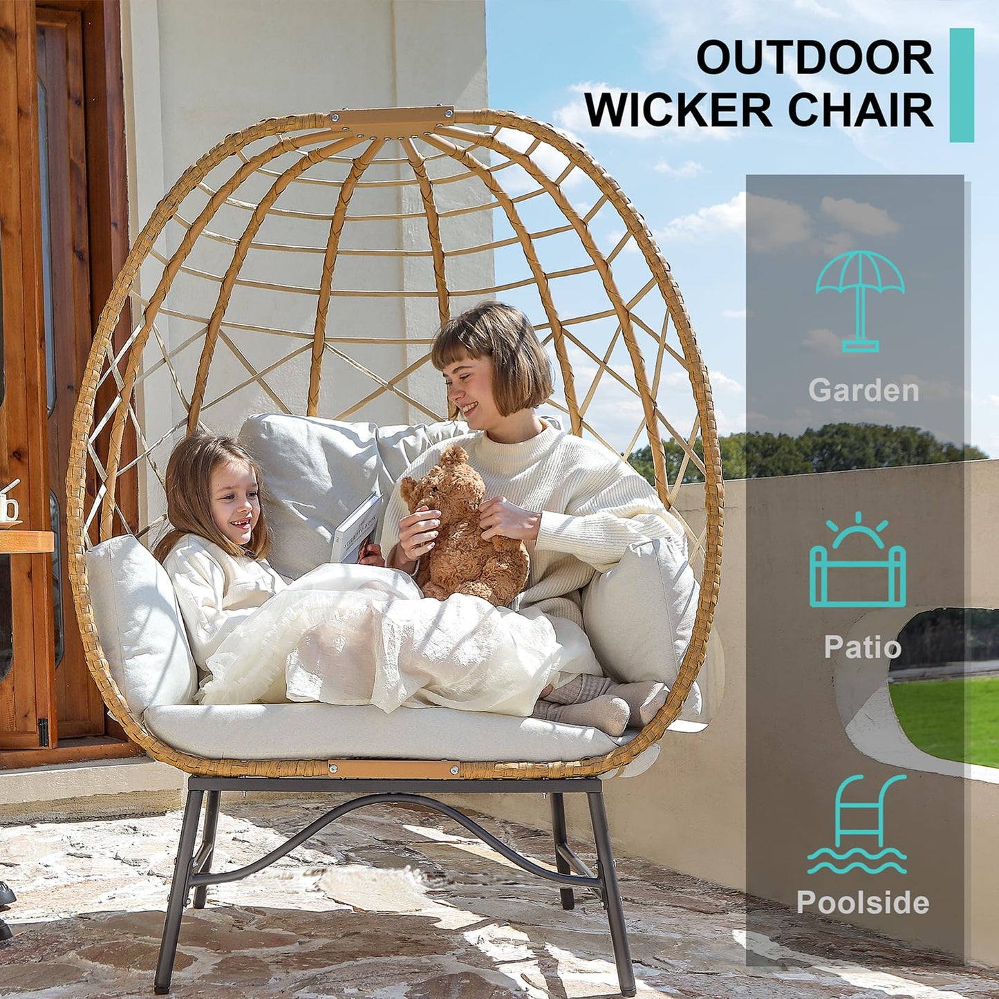 SWITTE Wicker Egg Chair Outdoor Indoor, Oversized Rattan Patio Lounge Chairs with Cushion for Backyard, Living Room, Steel Frame, 480lb Capacity-Cream