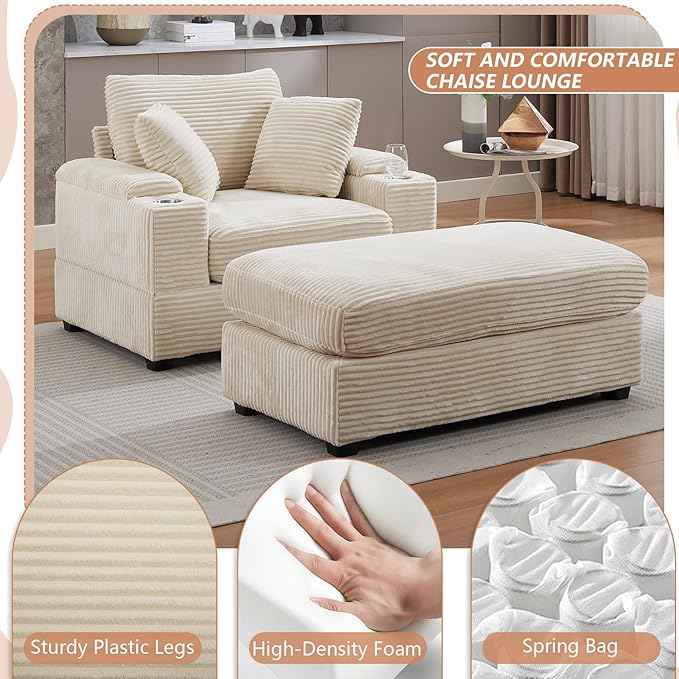 50" Oversized Chaise Lounge Chair Indoor with Ottoman and Storage, Comfy Corduroy Sleeper Chair with Cup Holder, Deep Seat Upholstered reading Chair, Reclining Chair for Living Room, Bedroom(Beige)