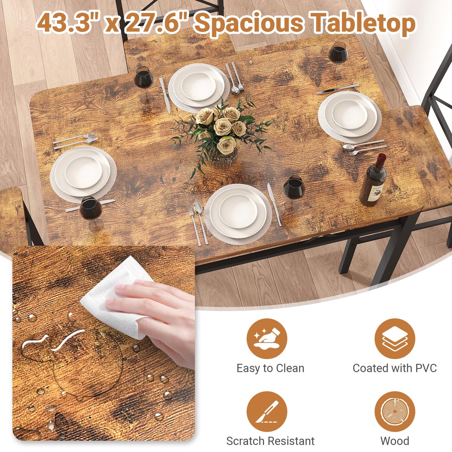 Zevemomo 5-Piece Dining Table Set, Dining Table Set for 4, Small Kitchen Table Set for 4, Wood Dining Room Table, with 4 Curved Backrest Chairs, Compact Dining Set for Small Spaces & Kitchen-Brown