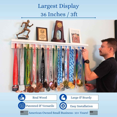 MedalAwardsRack 3ft- Ultimate Medal Hanger Display and Trophy Shelf - Multi-Sport Trophy and Medal Holder for Medal Display, Plaques, Pictures, Trophies and more. Solid Wood - Large 36" - Grey