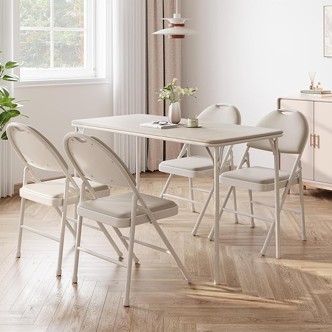 IDEALHOUSE Protable Folding Table and Chairs, 5 Piece Folding Card Table and Chairs Set, Foldable PU Upholstered Table and...