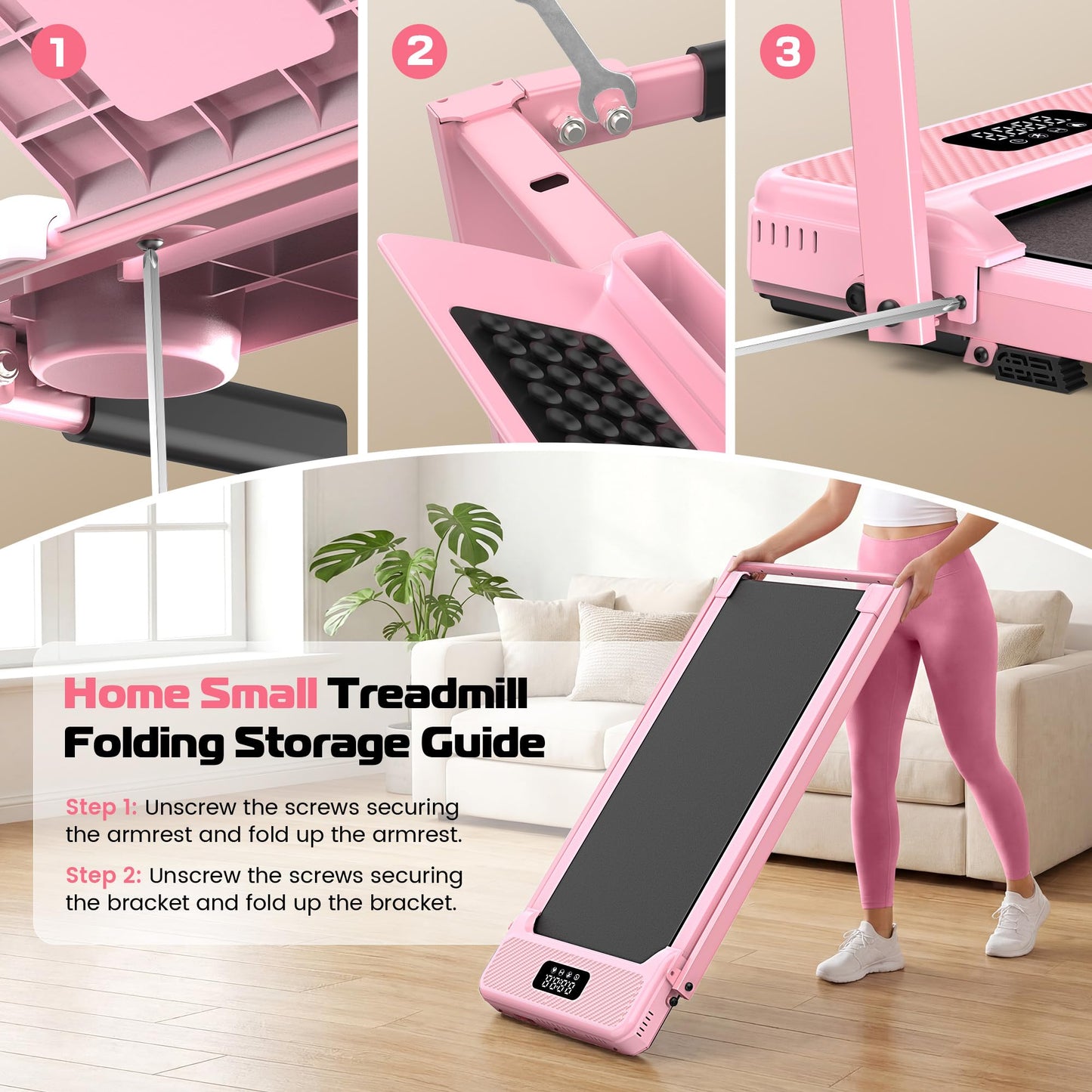 Pink Walking Pad Treadmill with Incline - Foldable Treadmills with Handle Bar, Compact Folding Treadmills for Home Small Spaces, Office, Remote Control & LED Display