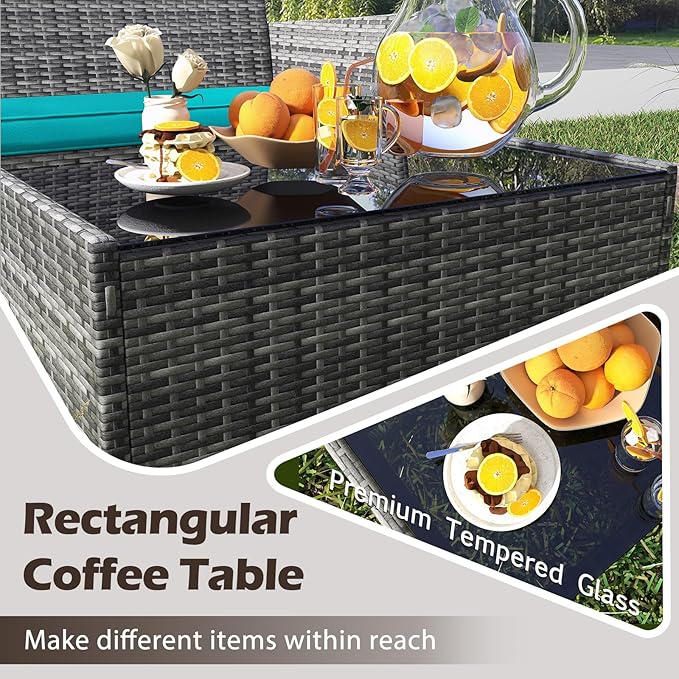 RELAX4LIFE 8-Piece Patio Furniture Set - Rattan Outdoor Conversation Bistro Set w/Cushions, Glass Coffee Table, Wicker Chairs & Loveseat for Pool Garden Backyard Porch Balcony (2, Mix Grey-Turquoise)