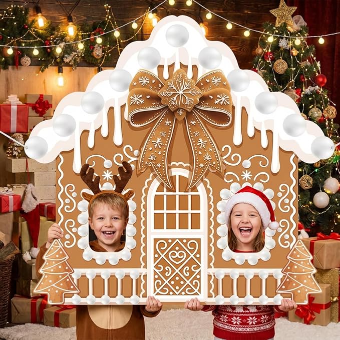 Panelee Christmas Gingerbread House Photo Booth Props Gingerbread Life Size Door Banner Decorations Fabric Backdrop for Xm...
