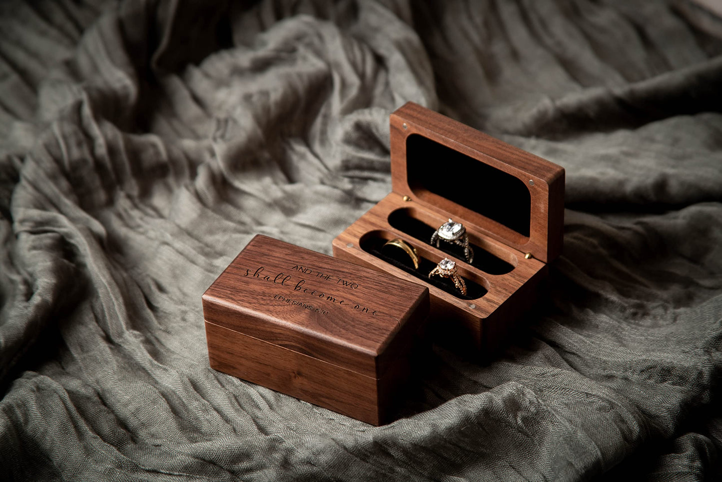 MUUJEE Engraved Ring Box (Two Become One) - Wedding Ring Bearer Box for 2 to 4 Rings Engagement Proposal Promise Ring Storage