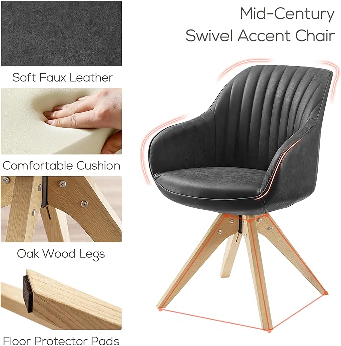 Art Leon Dining Chair, Mid Century Modern Faux Leather Upholstered Swivel Dining Room Chair with Oak Wood Legs, Leisure Side Chair with Arms for Living Room, Black